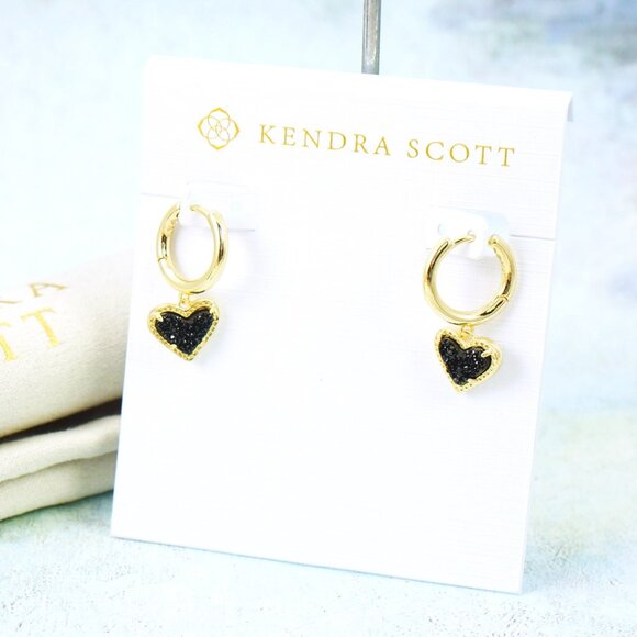 Kendra Scott Ari Heart Huggie Black Drusy Earrings Gold Plated - Picture 2 of 5